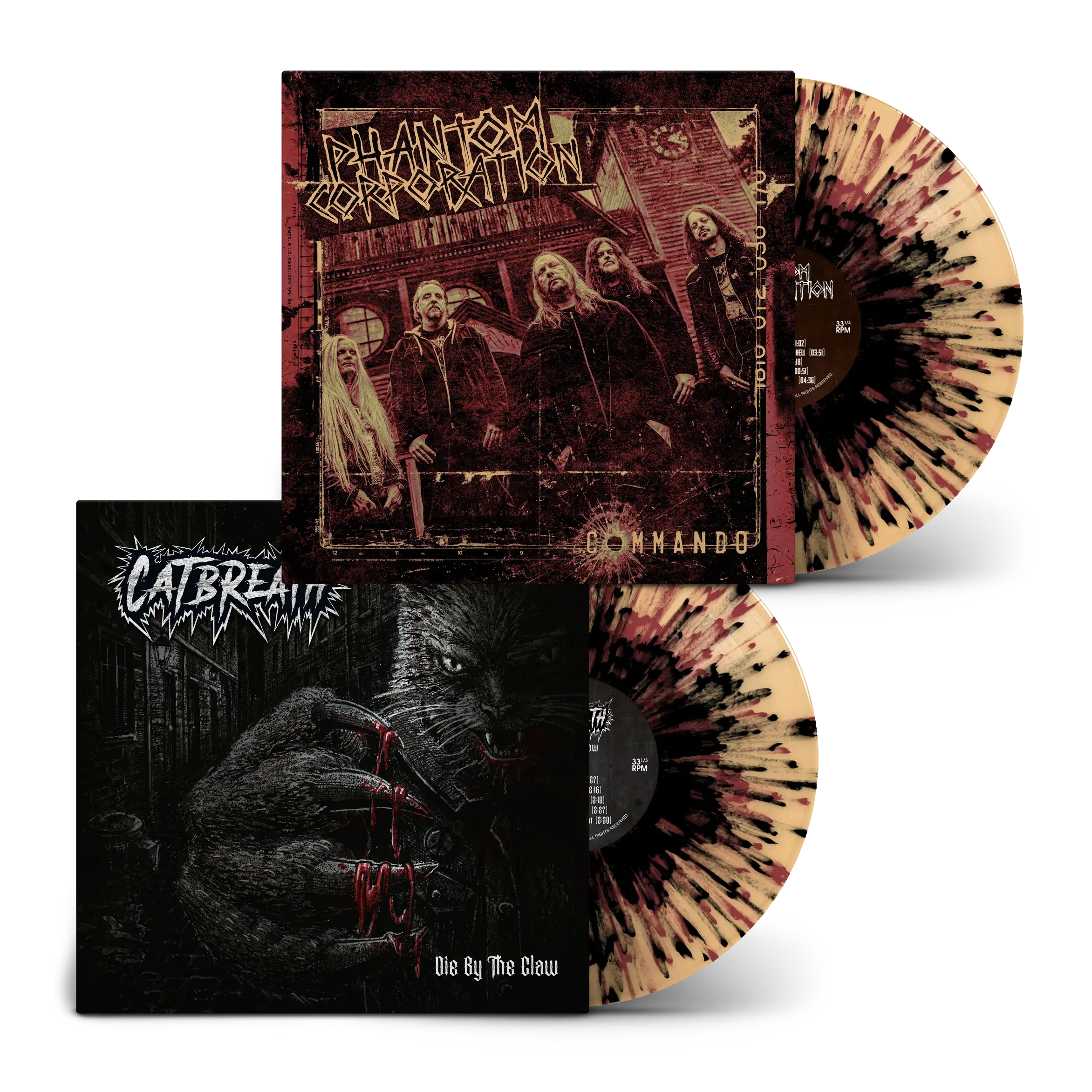 PHANTOM CORPORATION / CATBREATH · Commando / Die By The Claw | ORANGE/BLACK/RED SPLATTER LP (Thrash Metal/Death Metal Vinyl)