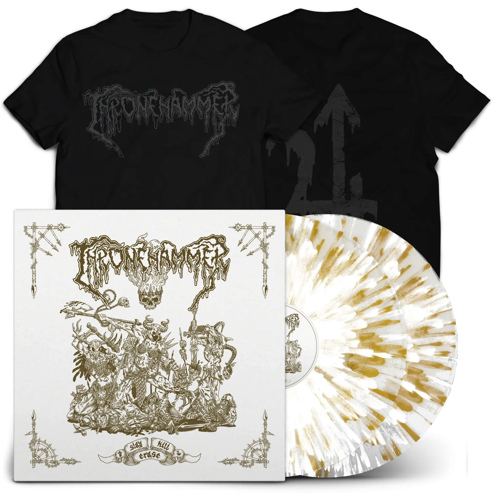 THRONEHAMMER · Slay | Kill | Erase | T-SHIRT+CLEAR WHITE GOLD 2LP (Doom Metal/Epic Metal/Death Metal/Heavy Metal Vinyl)