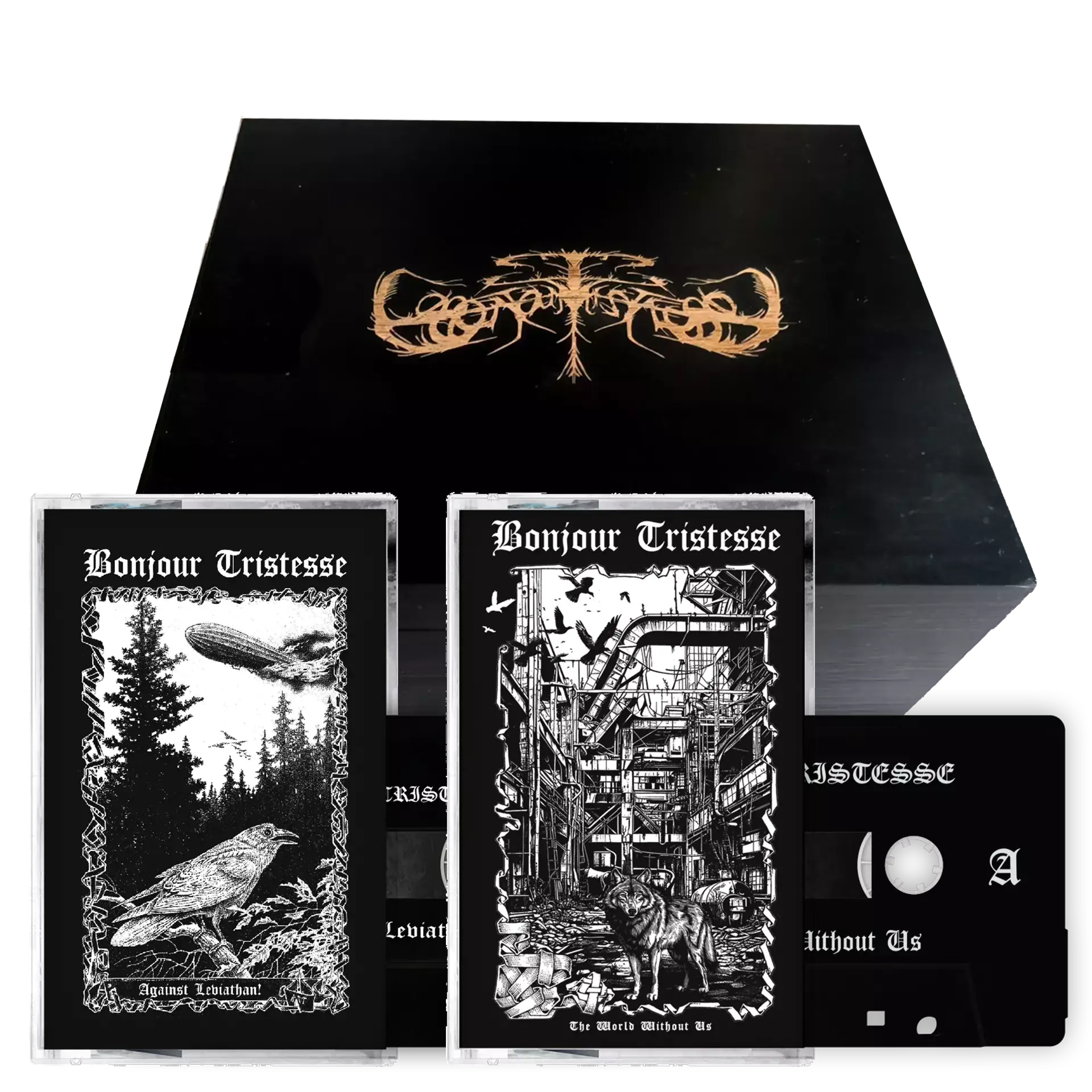 BONJOUR TRISTESSE · The World Without Us / Against Leviathan | WOODEN BLACK TAPE BOX SET (Black Metal Tapes)